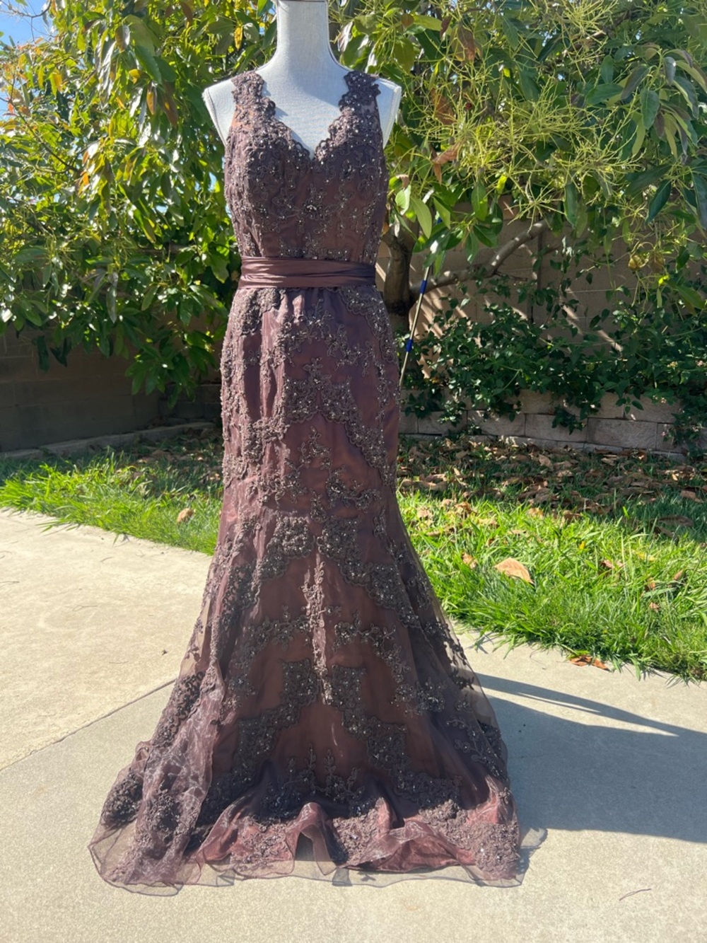 Jovani Chocolate Brown Beaded Lace Prom Gown